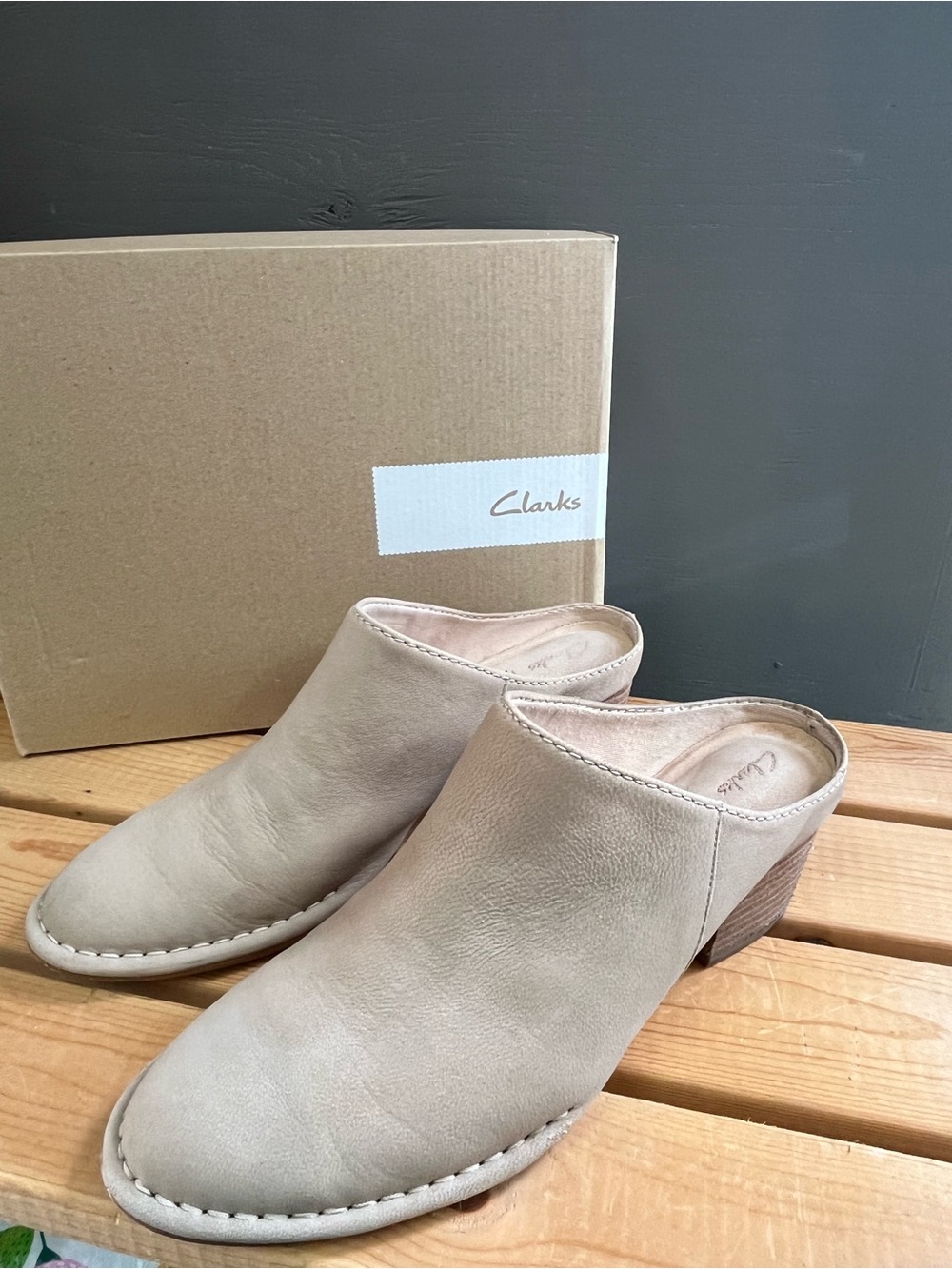 Clarks Taupe Leather Ankle Bootie Mules